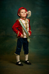 Black and white portrait of little boy dressed up as medieval character, little prince and pageboy....