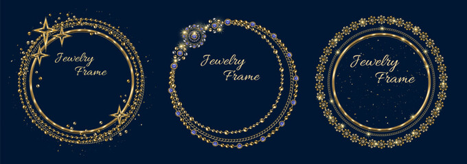 Set of circular golden frames with large place for copy space. Jewelry gold chains, beads, shiny stars, small glittering particles. Logo, emblem, badge for anniversary, award, gift design on dark blue - obrazy, fototapety, plakaty