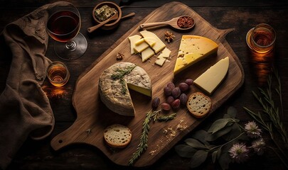  a wooden cutting board topped with lots of cheese and wine.  generative ai