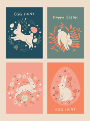 Fototapeta na wymiar Easter cards set with hares, leaf, ornaments. Easter concept. Trendy composition. Can be used as cards,flyer, social media templates etc. Hand drawn style. Easter spring vector illustration. .