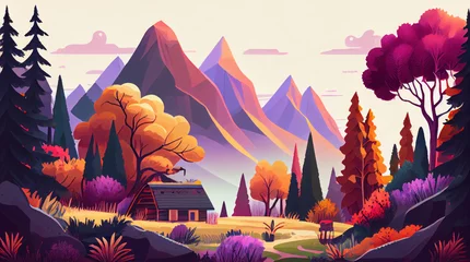 Peel and stick wall murals Aubergine Natural landscape illustration, trees, forest, mountains, flowers, plants, houses. Beautiful landscape of nature. generative ai
