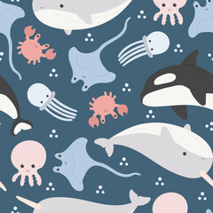 Obraz premium undersea seamless pattern with cartoon sea animals. Colorful vector flat for kids. hand drawing. baby design for fabric, print, wrapper, text