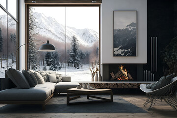 Winter Retreat: Cozy Living Room with Fireplace and Breathtaking Snowy Mountain Views in a Rustic Forest Chalet