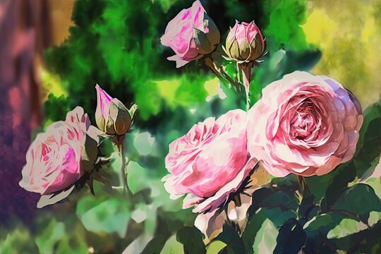 Blurred pink roses blooming in a rose garden serve as a beautiful background for any floral design. Nature. Generative AI