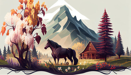 Natural landscape illustration, trees, forest, mountains, flowers, plants, houses. Beautiful landscape of nature. horse, wild horse, domestic horse. generative ai