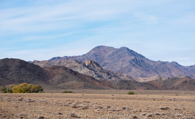 Rocky desert landscape with sparse vegetation and mountains peaks in a blue haze. Typical landscape near at Nepal Tibet border. Flat dry desert with mountains.