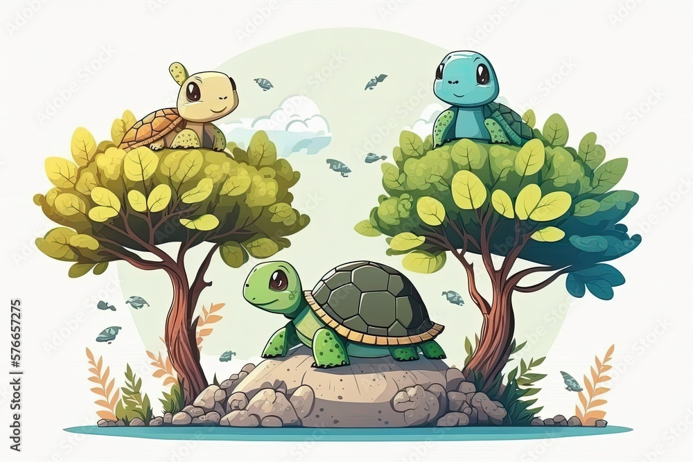 Poster animals that resemble turtles, there are turtles on the tree, and they are lovely turtles. generativ