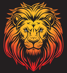 Lion head vector line art illustration isolated on black background. Lion face and mane logo and tattoo design.