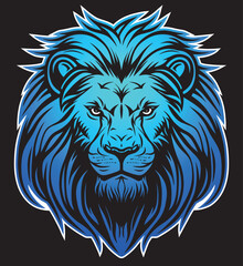 Blue lion face front view vector art image logo template, sticker and tattoo design on dark background.
