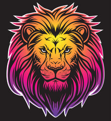 Obraz na płótnie Canvas Lion head vector line art illustration isolated on dark background. Lion face and mane logo design.