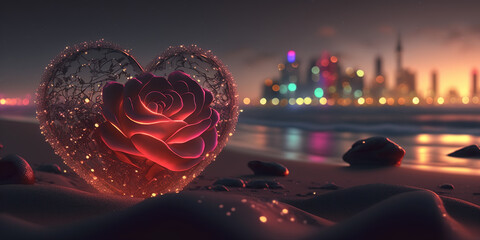 Red rose and heart on the beach