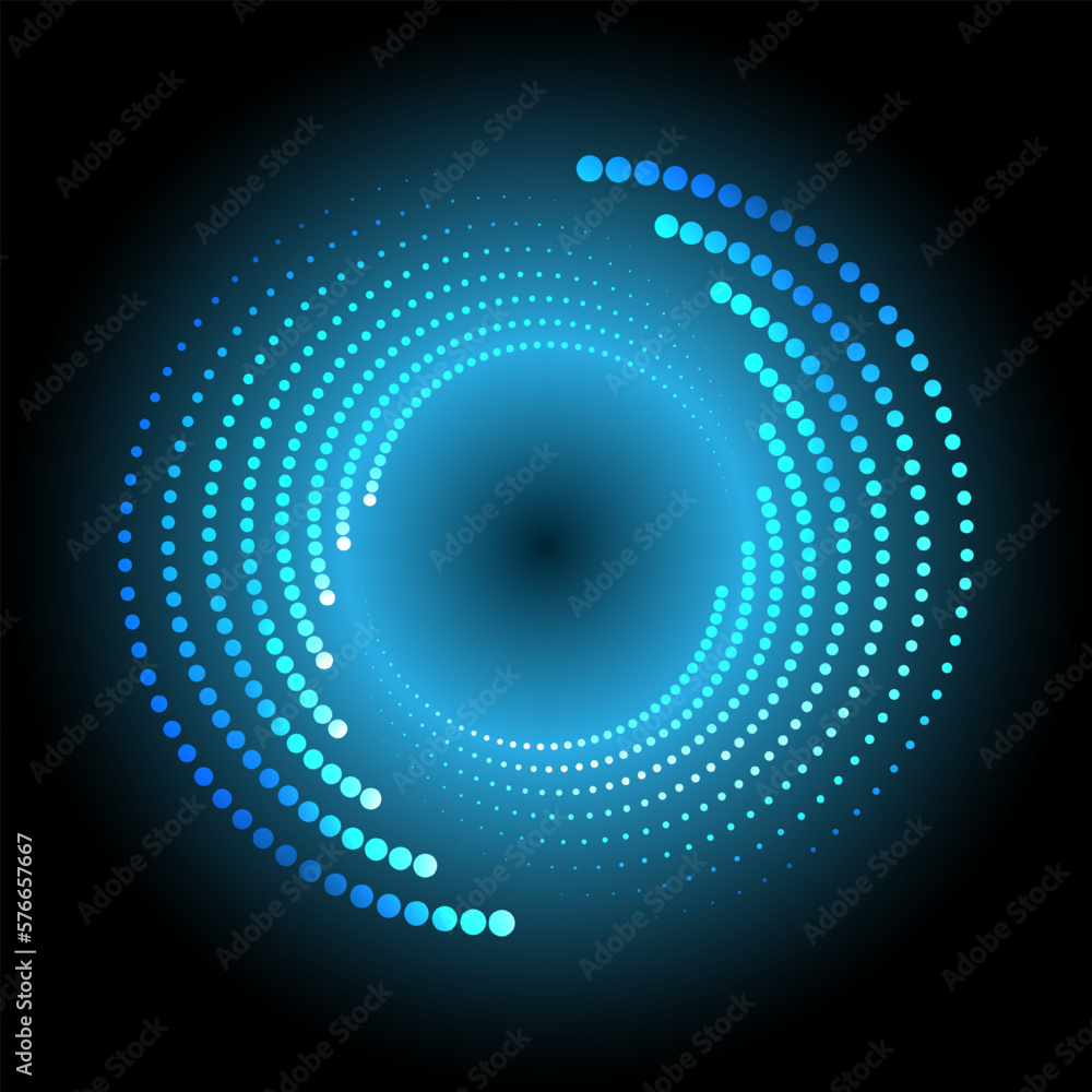 Poster a blue circle of dotted halftones with neon glow on a black background. abstract design element. the