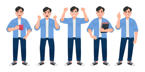 Obraz premium Full-length man is a set of characters. A young Chinese man in a blue shirt, white T-shirt and jeans stands in different poses. A white man is standing with a cup of coffee, with books,