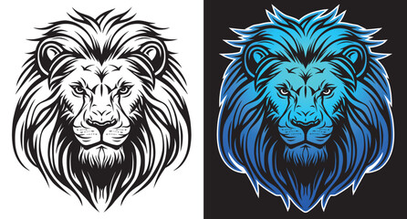 Black and white line art and blue lion face front view vector art image logo template, lion head sticker and tattoo design.