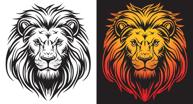 Front view lion face vector image on dark background. Lion head line art sticker and logo template.