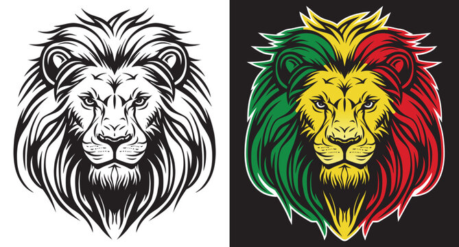 Lion of Judah face eps vector art image illustration. Rasta Jamaican lion head front view with rastafarian reggae colors on dark background.