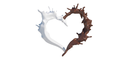 heart  shaped coffee or chocolate with milk splashes, drops and blots in the shape of a heart 3d render illustration
