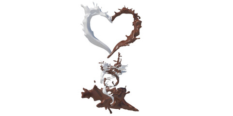 Obraz premium heart shaped coffee or chocolate with milk splashes, drops and blots in the shape of a heart 3d render illustration