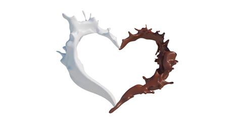Fototapeta premium heart shaped coffee or chocolate with milk splashes, drops and blots in the shape of a heart 3d render illustration