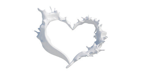 Milk heart shaped splashes, drops and blots splash 3d render 