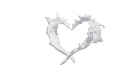 Milk heart shaped splashes, drops and blots splash 3d render 