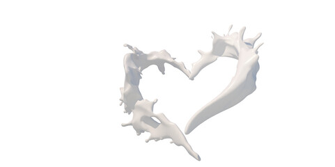 Fototapeta premium Milk heart shaped splashes, drops and blots splash 3d render 