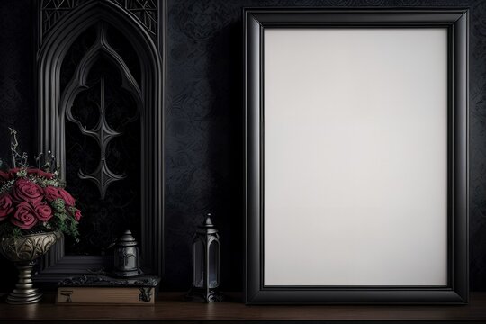 Mockup of black frame in dark gothic interior