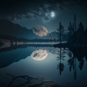 Paysayge lac tranquille &agrave; Minuit, IA g&eacute;n&eacute;rative