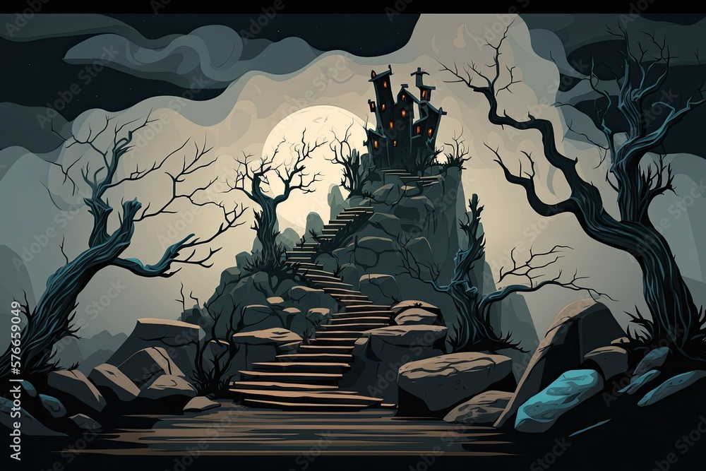 Poster creepy and foreboding fantasy landscape of jagged rocks and withered trees. frightful horror illustr
