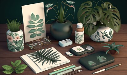  a desk with a plant, notebook, pen, glasses and other items.  generative ai