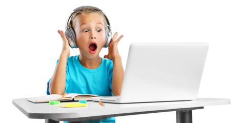 A surprised cute little toddler girl with a laptop