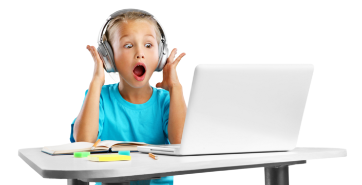 A surprised cute little toddler girl with a laptop