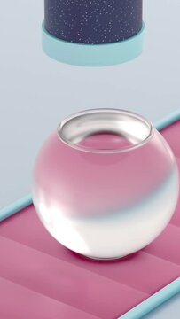 Vertical loop animation of pink noodles falling into a glass bowl