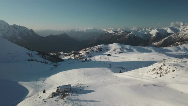 Aerial view of a beautiful ski resort in Barzio, Lombardy, Italy.