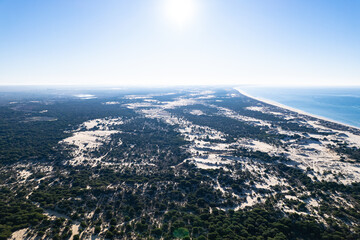 Aerial sunrise view above the beautiful sand dunes of Parque Nacional de Doñana