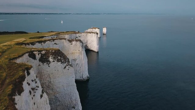 Aerial view of Old Harry Rocks sea stacks in Studland, Dorset, United Kingdom.