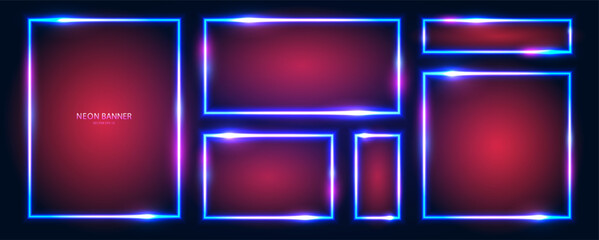 Rectangular neon banners with shining effects, highlights on a dark background. A set of futuristic modern neon glowing frames. Vector EPS 10.
