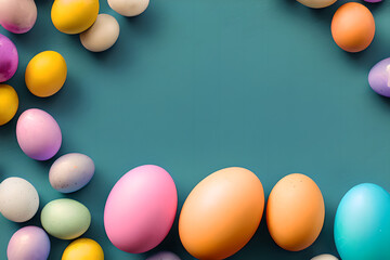 Easter eggs in pastel colors on blue background. Generative AI.