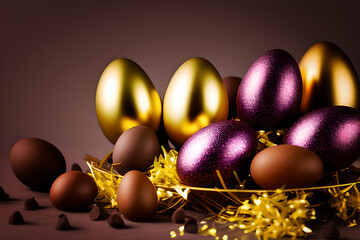 chocolate and golden easter eggs on a dark background. Generative AI.