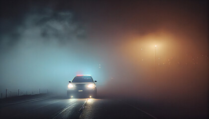 Fototapeta na wymiar Police cars drive through the fog. Generative AI
