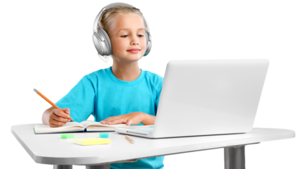 Child in headphones have a video call, distant class, using a laptop
