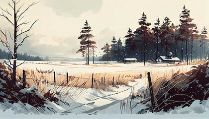 Winter landscape. Winter season, landscape is dotted with white snow. Beautiful landscape of nature. generative ai