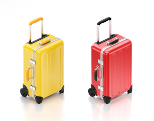 Rolling Travel Suitcases. A couple of wheeling suitcases, which are standing on a white reflective background. 3D rendering graphics in isometric projection.