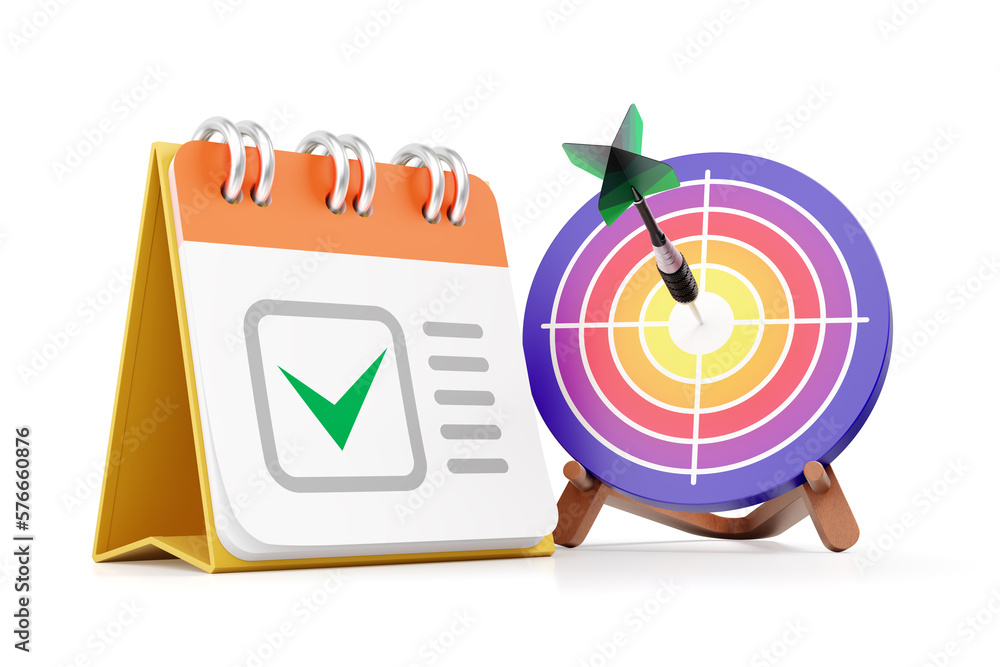 Poster business goals. a checkmark sign on the page of a desk calendar beside the dartboard fixed on a wood