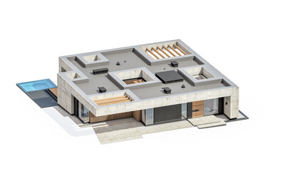 Fototapeta premium 3d rendering of new concrete house in modern style with pool and parking for sale or rent only one floor in evening. Isolated on white