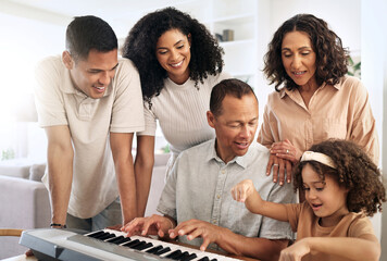 Family, keyboard piano and play music with grandparents, parents and child with people bond at...