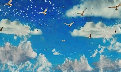 Obraz na płótnie Canvas a flock of birds flying through a blue sky with white clouds. generative ai