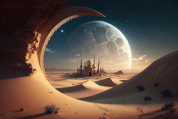 Mosque in desert with moon background  (Generative AI)