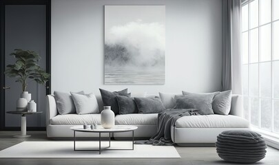  a living room with a white couch and a large window.  generative ai