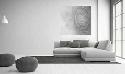  a living room with a large white couch and a painting on the wall.  generative ai